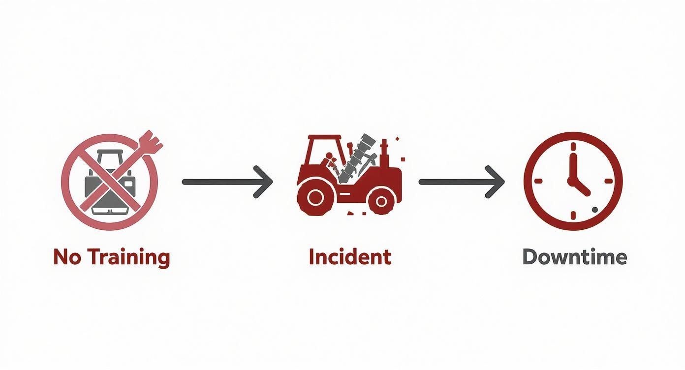 Flowchart showing no training leads to forklift incident resulting in costly operational downtime