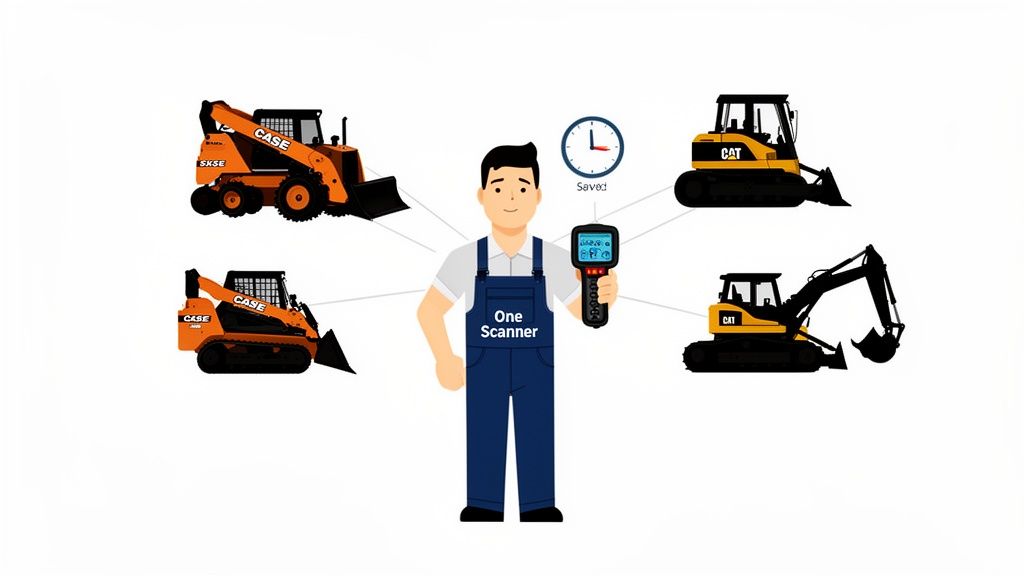 Technician uses one scanner to diagnose multiple CASE and CAT heavy equipment, saving time.