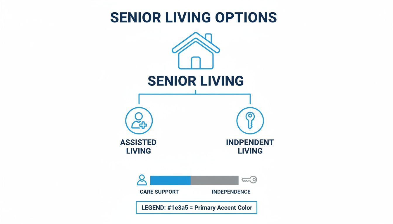 Diagram illustrating senior living options, including assisted living and independent living, with a care support scale.