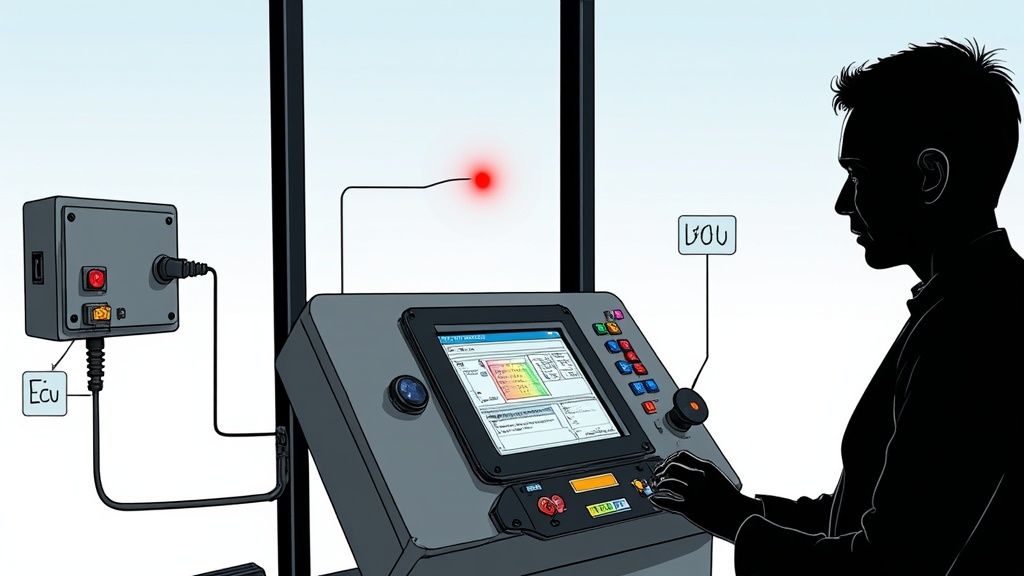 Silhouette of a person operating a control panel with a diagnostic screen, connected to an ECU unit.