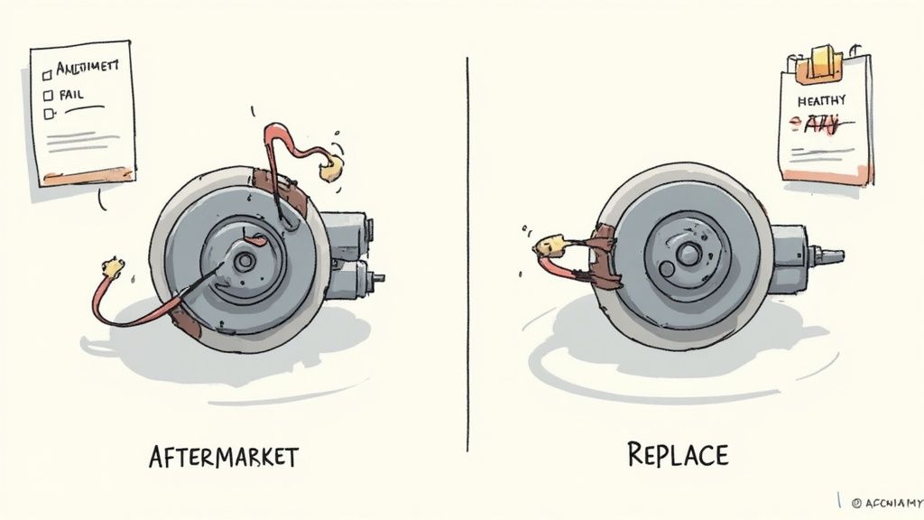 Comparison of a broken aftermarket part failing and a healthy replacement part working.