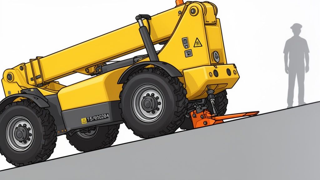 A yellow telehandler is parked on an incline with its forks touching the ground, near a human silhouette.