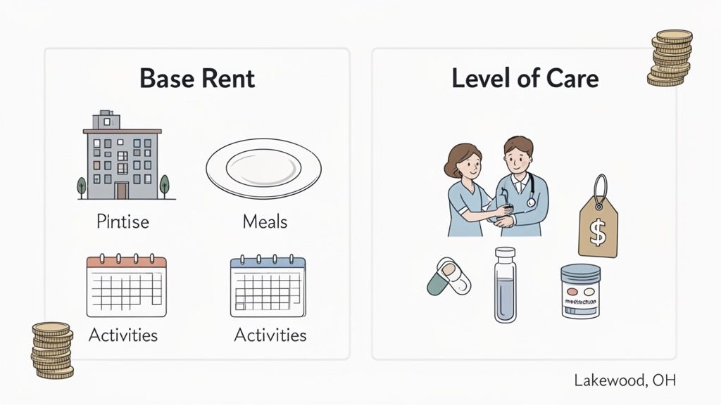 Infographic comparing base rent costs like housing, meals, and activities with level of care services and medication.
