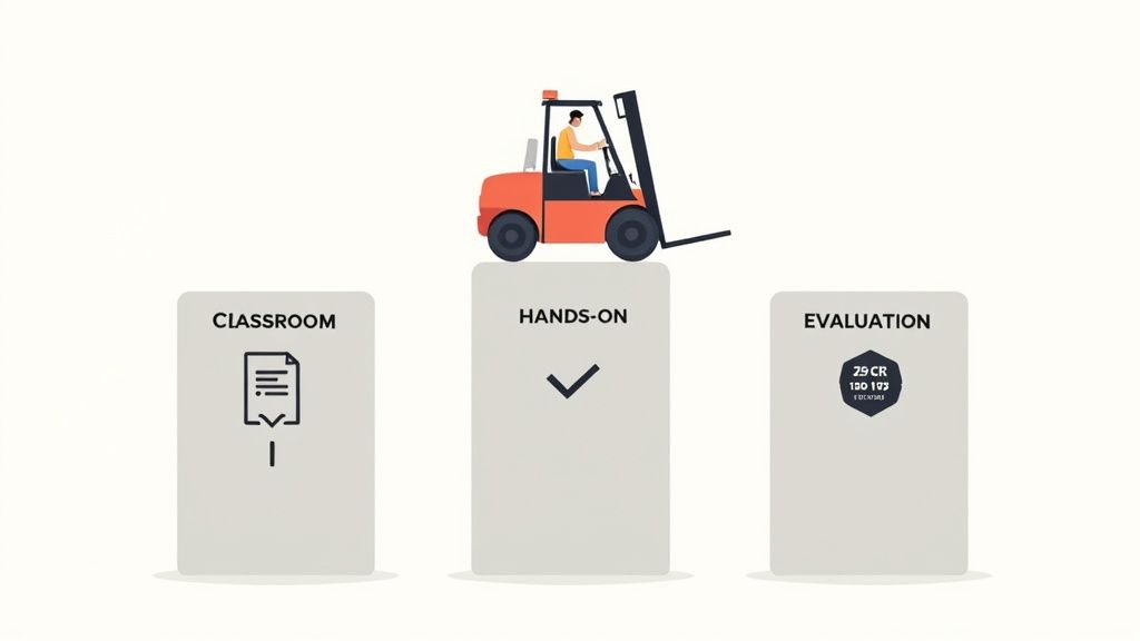 Illustration depicting a three-step forklift training process: classroom theory, hands-on practice, and final evaluation.