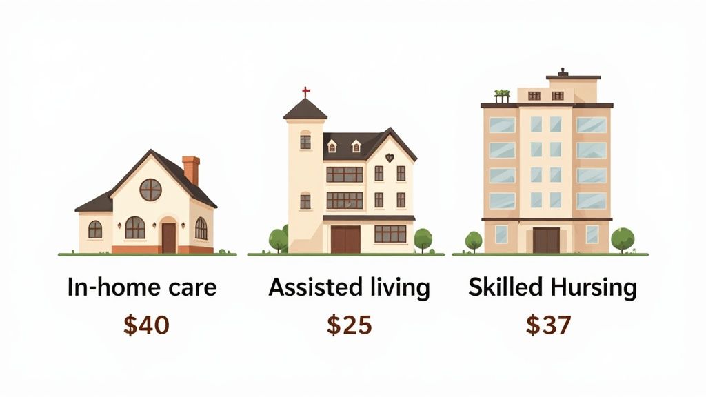 Comparison of three senior care options showing in-home care, assisted living, and skilled nursing with hourly costs