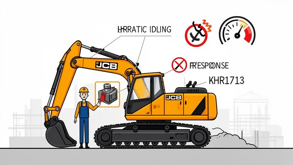 An animated image illustrating a JCB excavator, a worker, and indicators for erratic idling and poor response, highlighting a component.