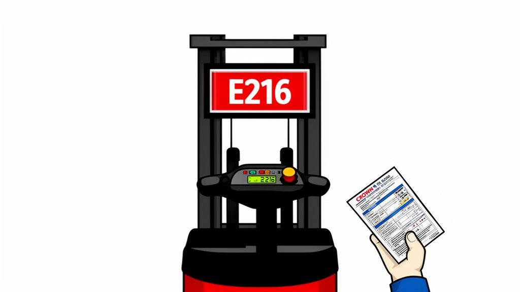 A hand holds a Crown RR 5200 operator manual next to a forklift displaying error code E216.