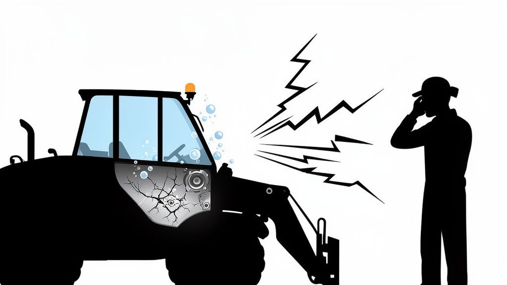 Illustration of a machine with cracked parts and bubbles, emitting loud noise, with a person covering their ear.