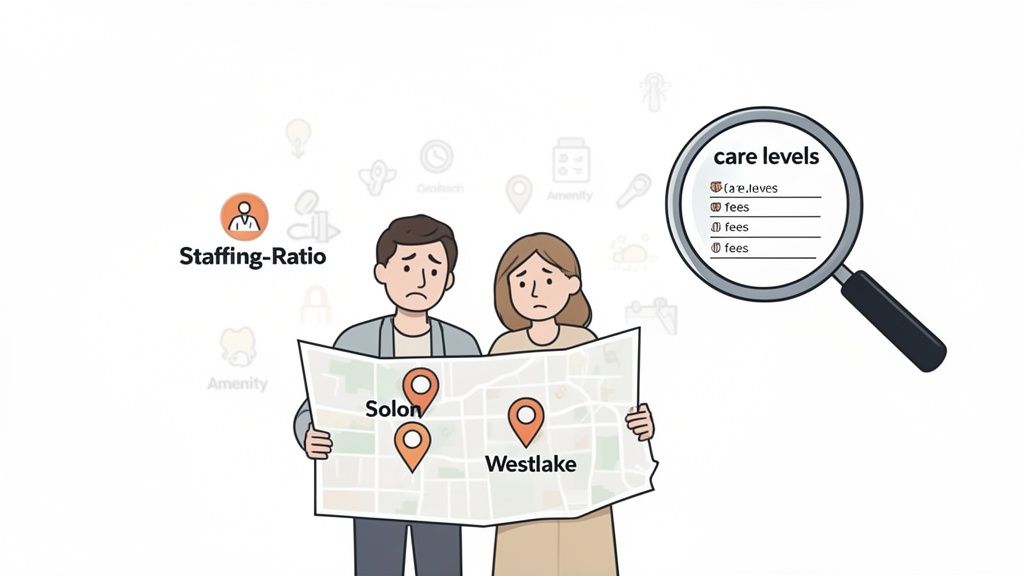 Distressed couple compares assisted living facilities on a map, checking staffing, care levels, and fees.