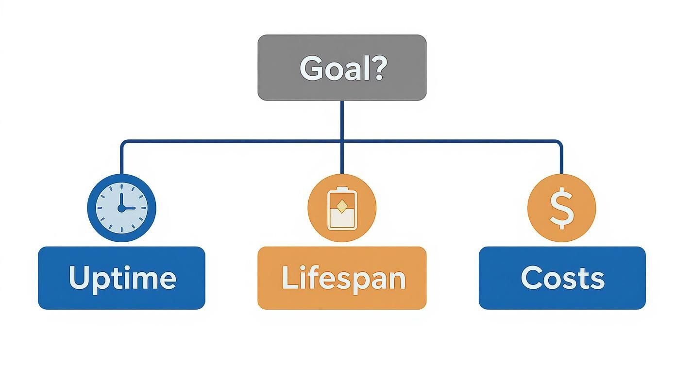 A diagram with 'Goal?' at the top, branching into 'Uptime' (clock icon), 'Lifespan' (battery icon), and 'Costs' (dollar sign icon).