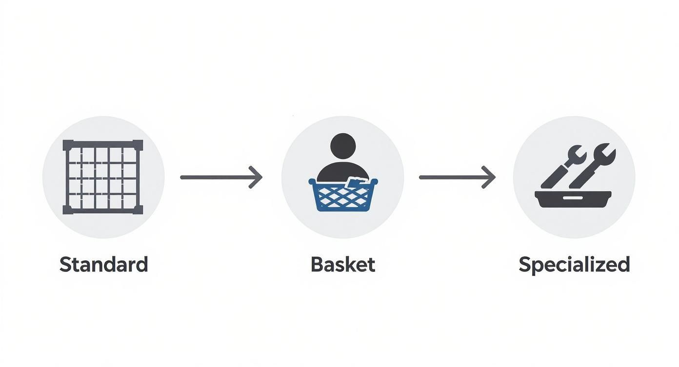 Three-step process diagram showing progression from standard grid to basket selection to specialized tools