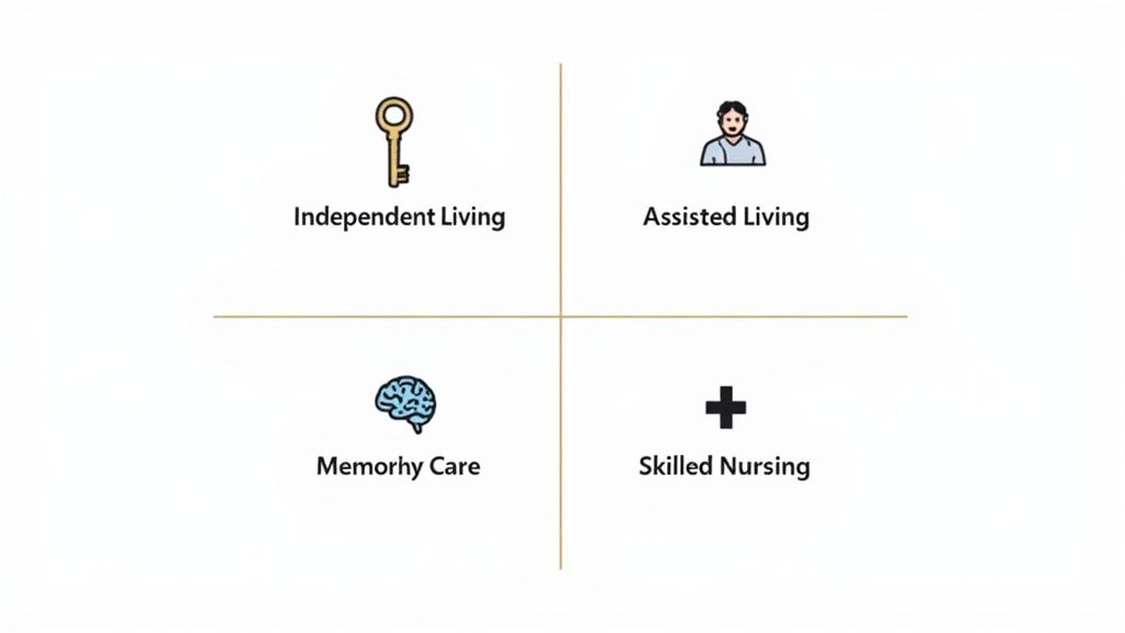 A 2x2 grid illustrating four types of long-term care: Independent Living, Assisted Living, Memory Care, and Skilled Nursing.
