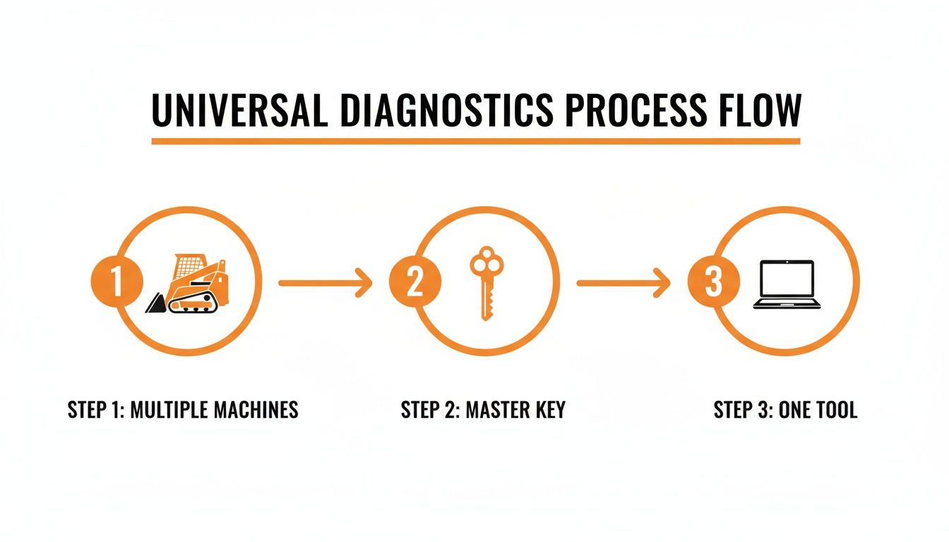 Diagram showing a universal diagnostics process flow with multiple machines, a master key, and one tool (laptop).