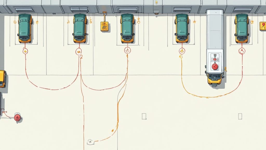 Overhead diagram of an electric vehicle charging station with several vans, a truck, and connected cables.
