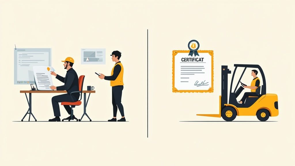 Illustration depicting a man working at a desk, and another man operating a forklift with a certificate.