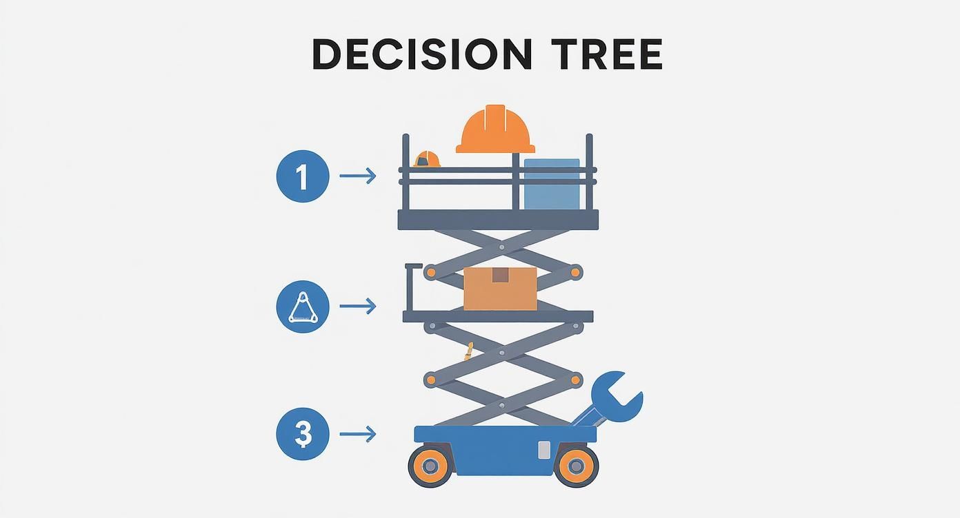 Decision tree graphic illustrating a process flow with a scissor lift, showing hard hats, boxes, and a wrench.