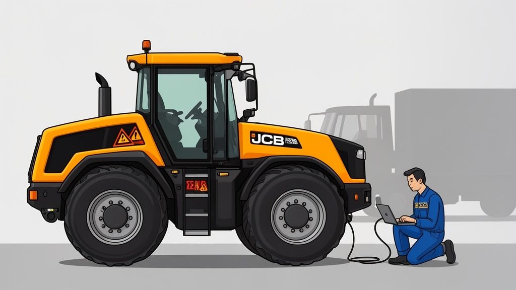 A mechanic uses a laptop to diagnose a large yellow and black JCB tractor via a connected cable.