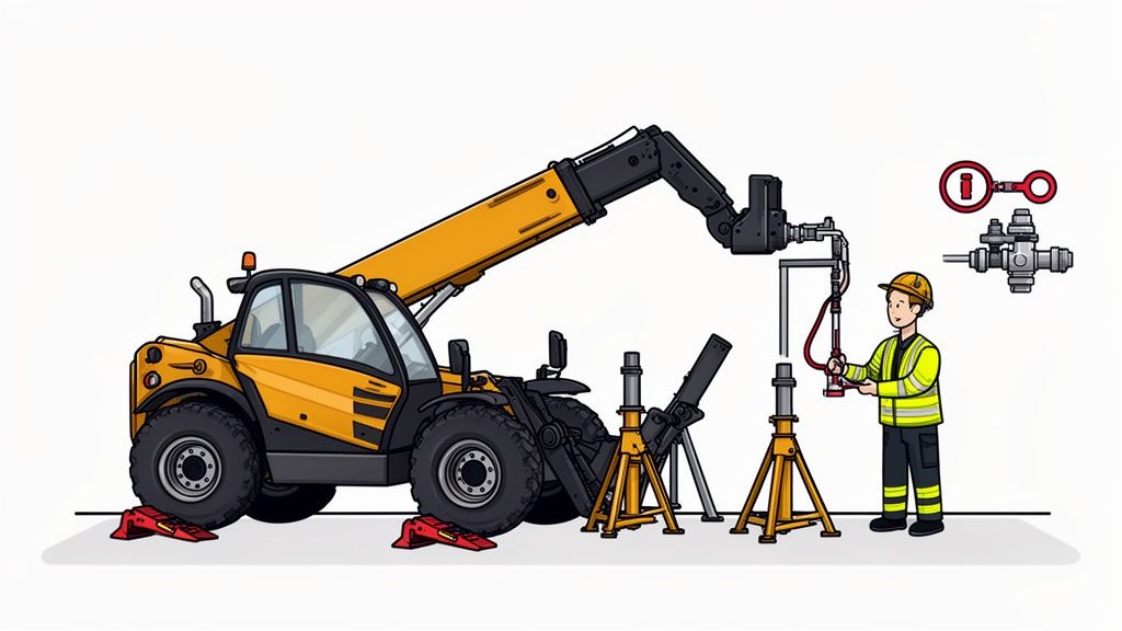A worker in safety gear performs maintenance on a yellow telehandler's extended boom with specialized equipment.