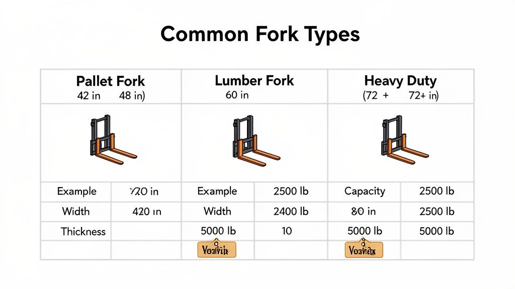 A table illustrating common forklift fork types including Pallet, Lumber, and Heavy Duty, with their dimensions and specifications.