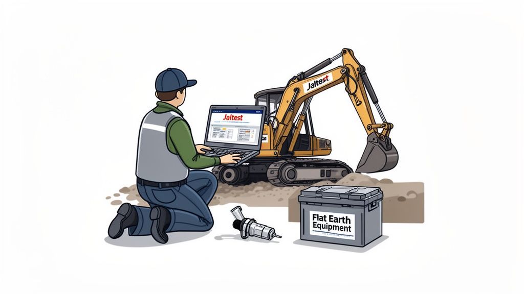 A technician uses a laptop with Jaltest software to diagnose an excavator, next to a toolbox.