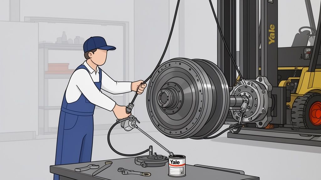 Mechanic adjusts a Yale forklift brake assembly, greasing components with a grease gun.