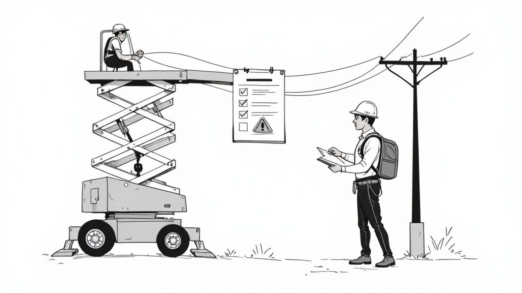 Utility workers perform power line maintenance, one on a scissor lift, another checking a safety checklist on the ground.