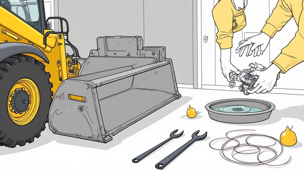 Hands cleaning a mechanical part over a basin, with a construction vehicle and tools in a garage.