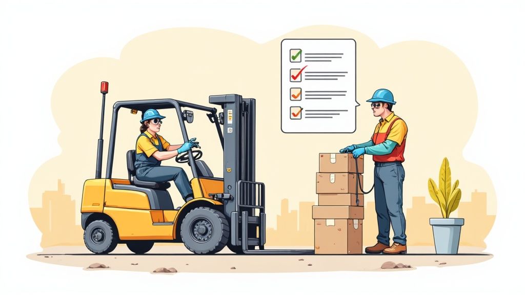Two warehouse workers in safety gear, one operating a forklift, the other managing stacked boxes with a checklist.