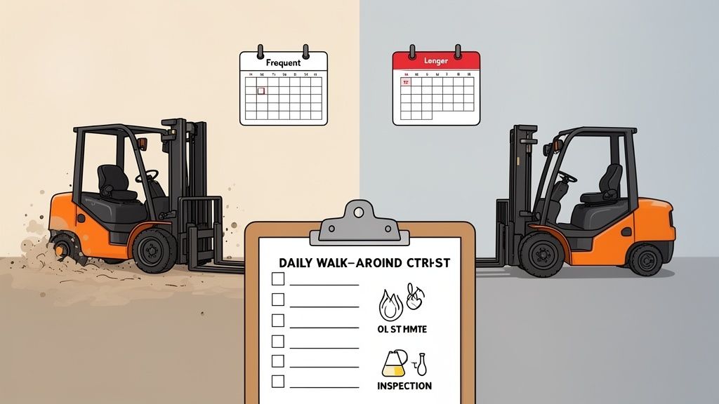 Illustration comparing two forklifts, emphasizing daily inspections and optimal maintenance schedules.