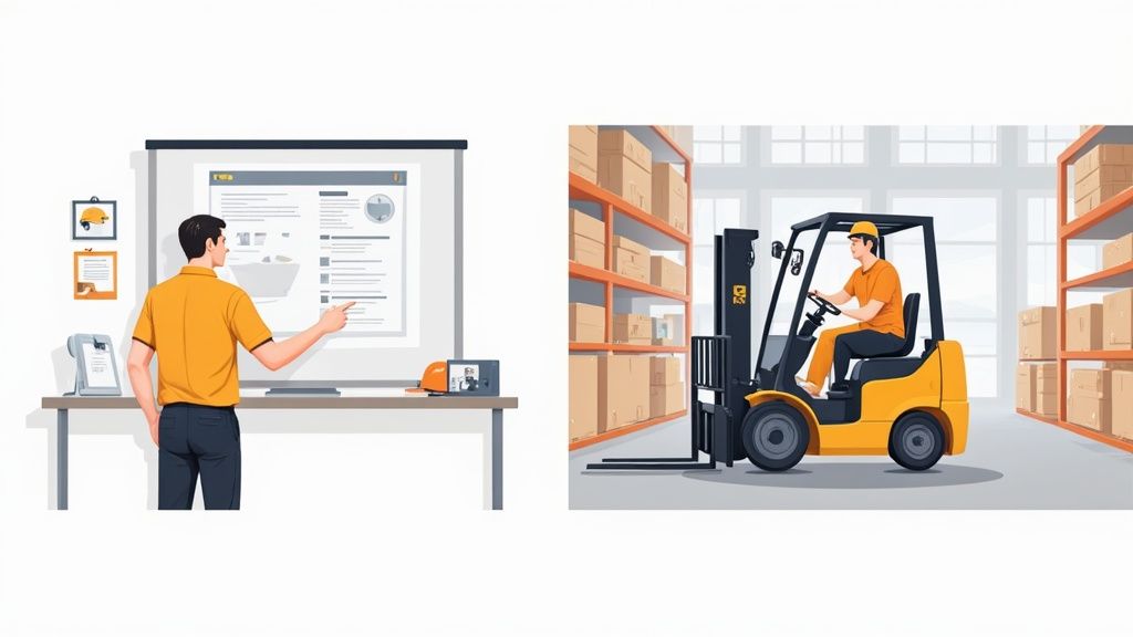 A forklift operator smiling while using a tablet for online training in a warehouse