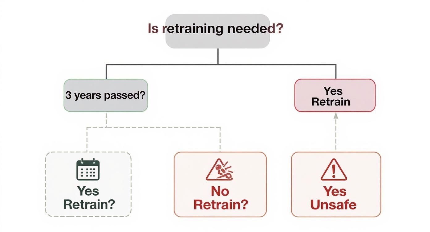 A decision flowchart outlining when retraining is needed based on a 3-year period and safety issues.