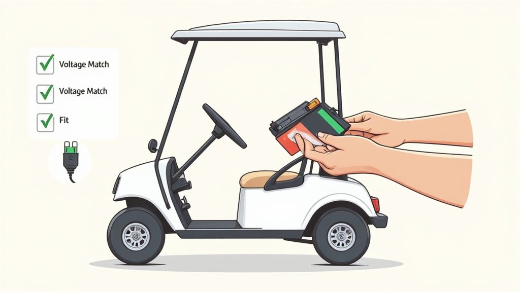 Hands installing a compatible battery into a white golf cart, with a checklist for voltage and fit.