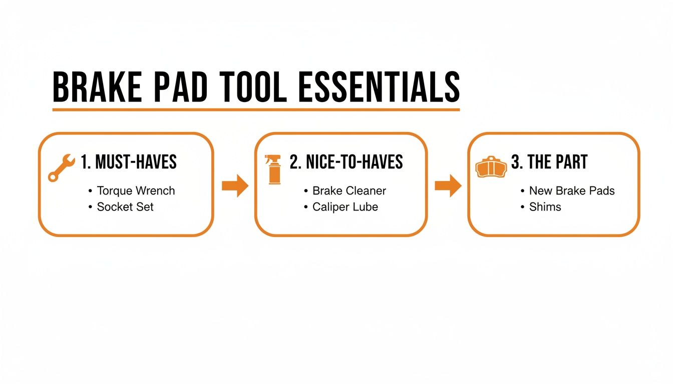 Infographic detailing brake pad tool essentials, categorizing must-haves, nice-to-haves, and replacement parts.
