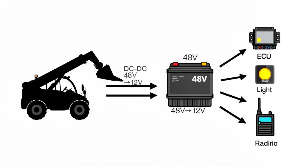 Diagram illustrating a 48V to 12V DC-DC converter system for heavy equipment, powering vehicle components like an ECU, light, and radio.