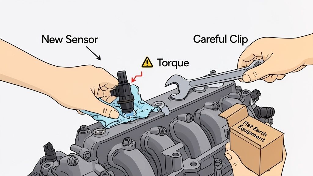 Illustration of hands replacing a sensor on an engine, using a wrench and a new part from a box.