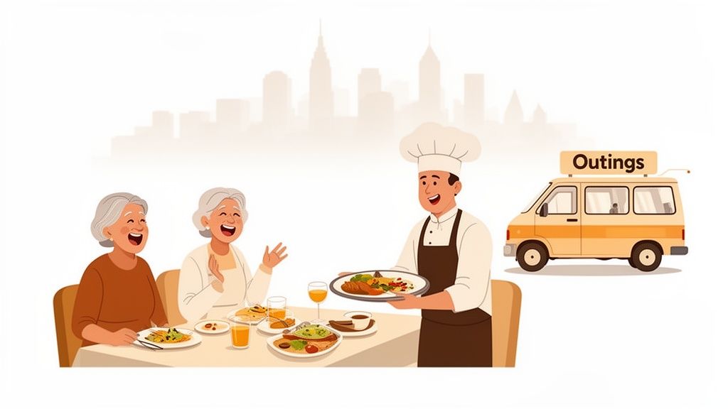 Illustration of happy senior women enjoying a meal served by a chef, near an outings van.