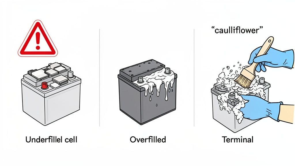 Illustrations showing common battery issues: an underfilled cell, an overfilled battery, and cleaning corroded terminals.