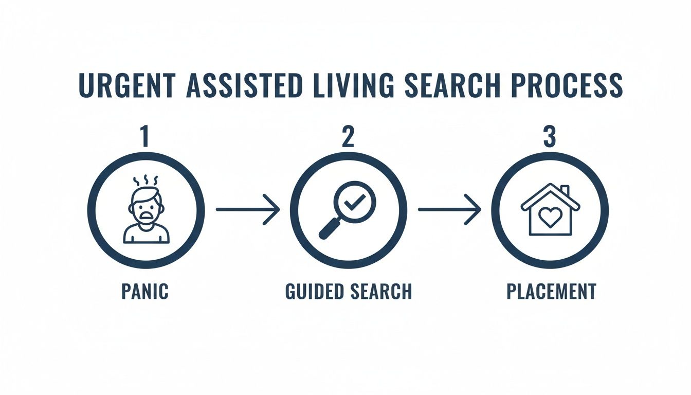A three-step process for urgent assisted living search: Panic, Guided Search, and Placement, with icons.