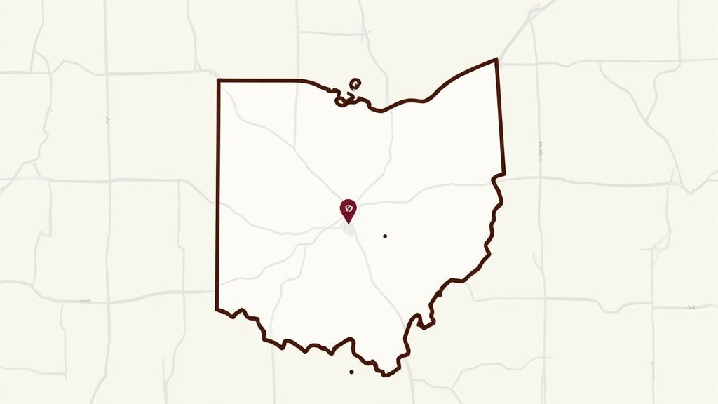Map of Ohio with a prominent location pin indicating a point near the state's center.