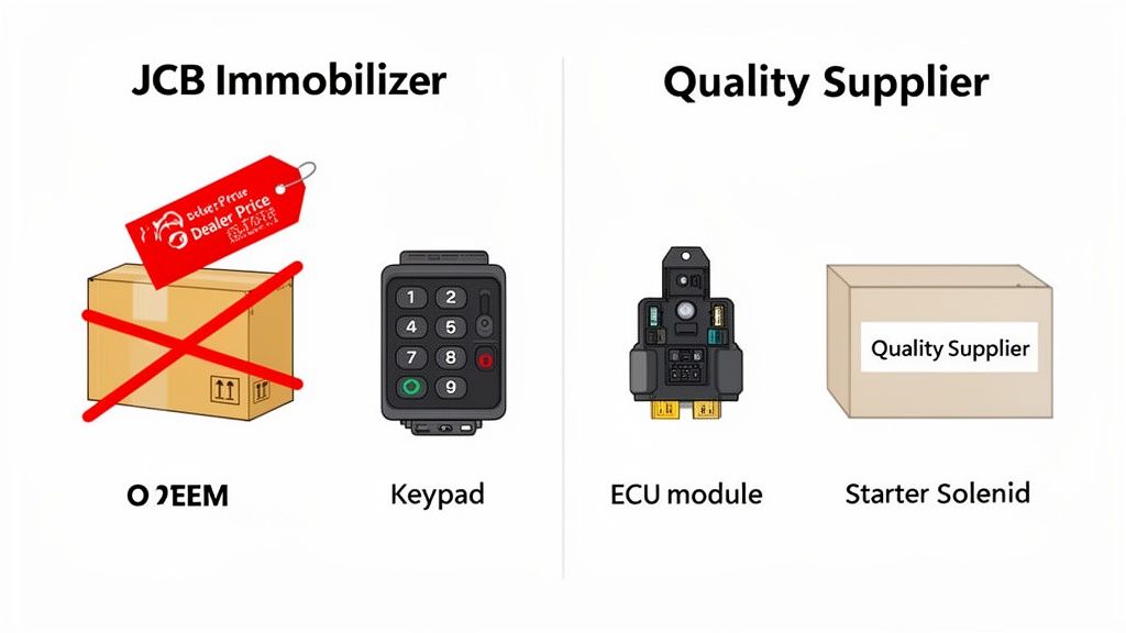 JCB immobilizer system components: keypad, ECU module, and starter solenoid, contrasting OEM parts with quality supplier options.