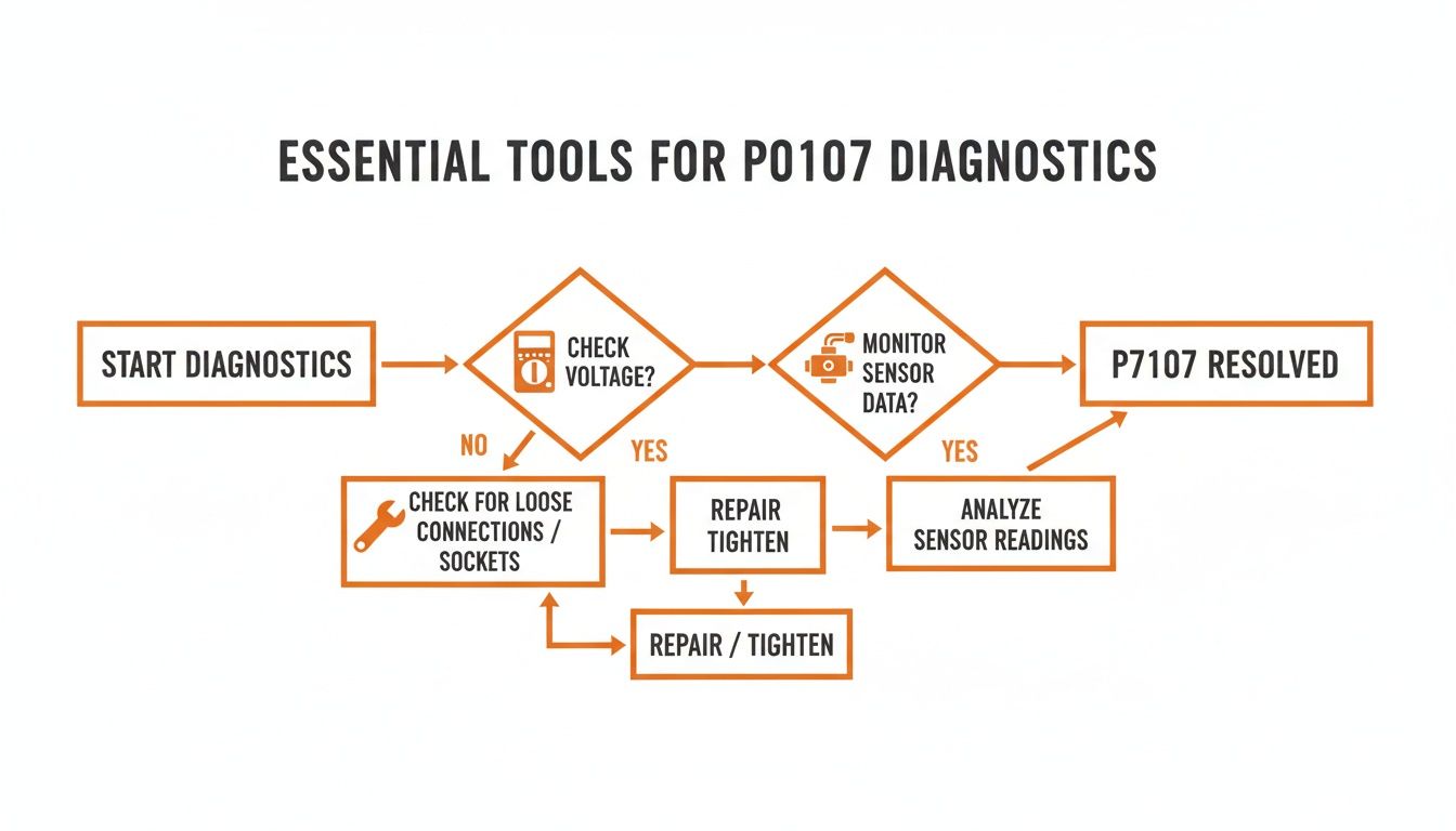 Flowchart detailing the diagnostic process for P0107, including voltage checks and sensor data analysis.