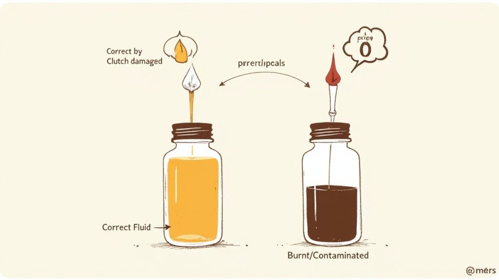Illustration comparing clean, correct clutch fluid with dark, burnt, and contaminated fluid in bottles.