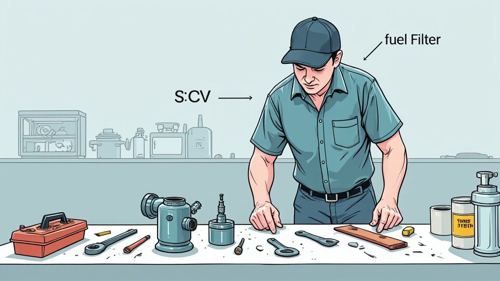 A mechanic inspecting engine components and tools on a workbench, with a 'fuel filter' prominently labeled.