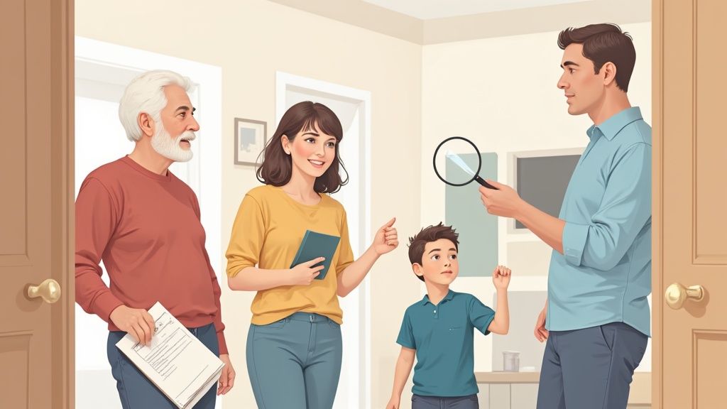 A multi-generational family inspects a home, with one man using a magnifying glass.