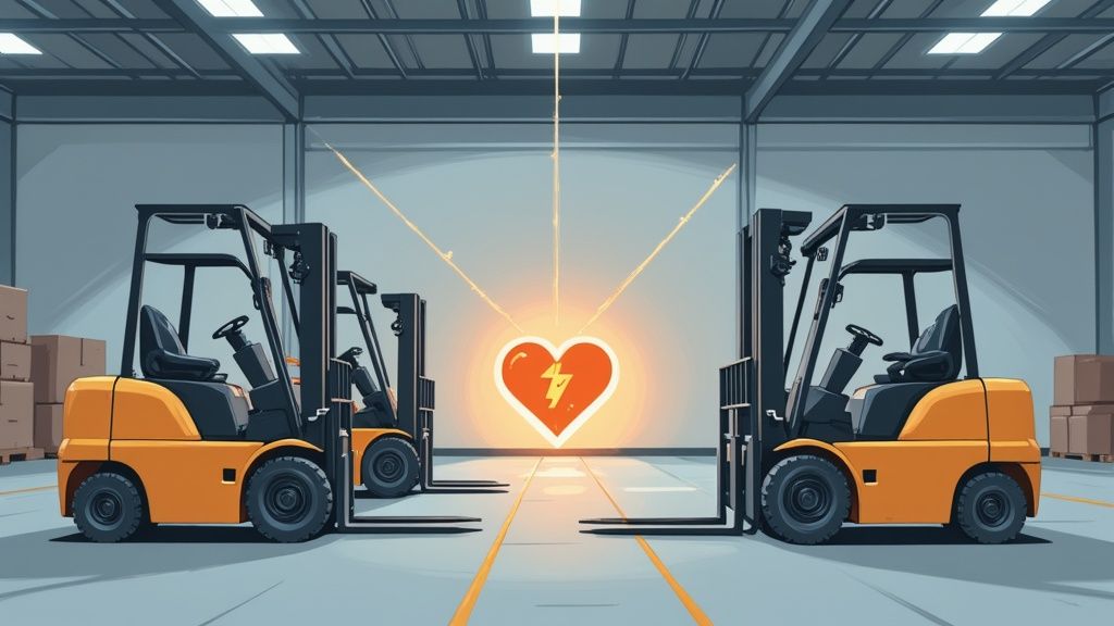 Four forklifts in a warehouse with a glowing heart symbol and lightning bolt at the center.