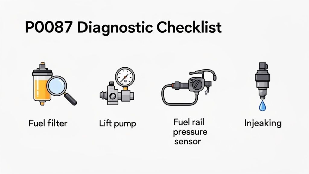 A diagnostic checklist for P0087, showing icons for fuel filter, lift pump, fuel rail pressure sensor, and fuel injector.