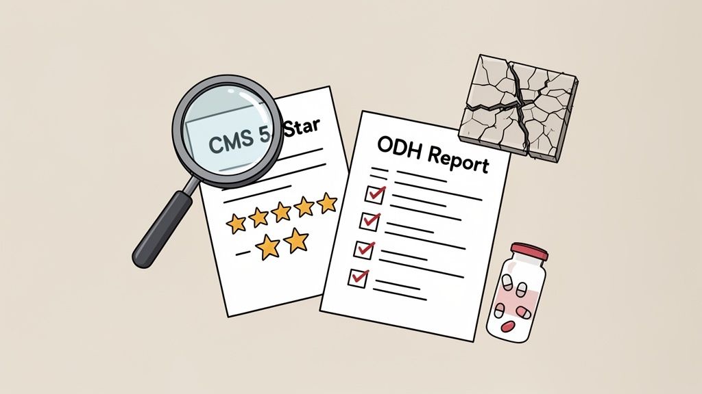 An illustration of healthcare evaluation with CMS 5-star rating, ODH report, pills, and dry ground.
