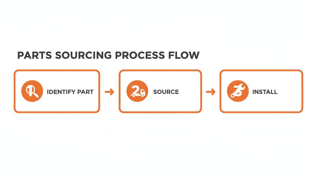 A diagram illustrating the parts sourcing process flow, showing identification, sourcing, and installation steps.