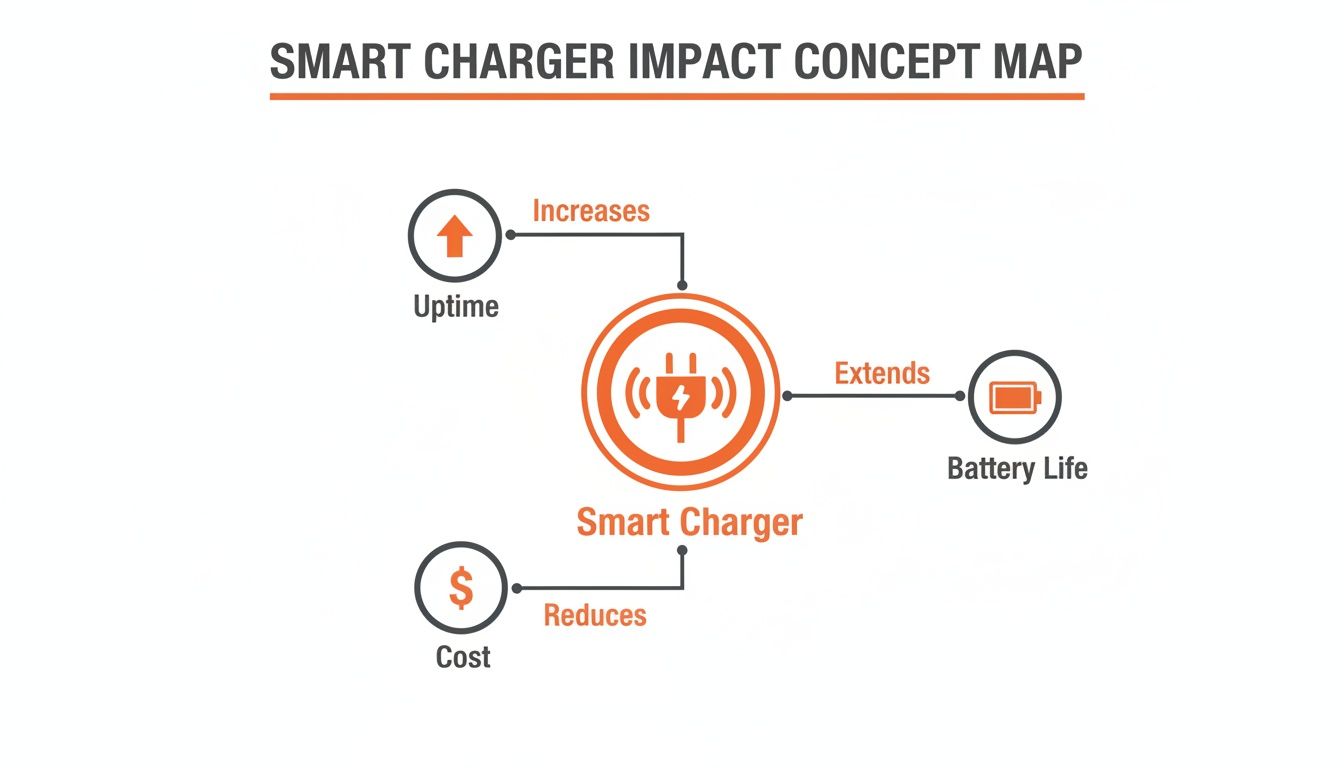 A concept map shows smart charger benefits: increases uptime, extends battery life, and reduces cost.