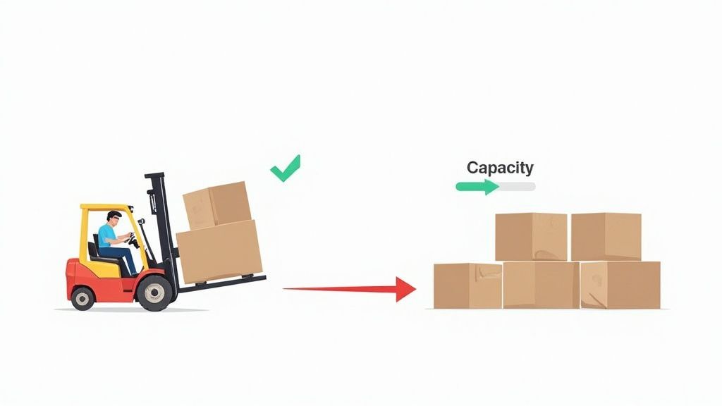 Forklift transporting boxes to storage area showing warehouse capacity management and load optimization